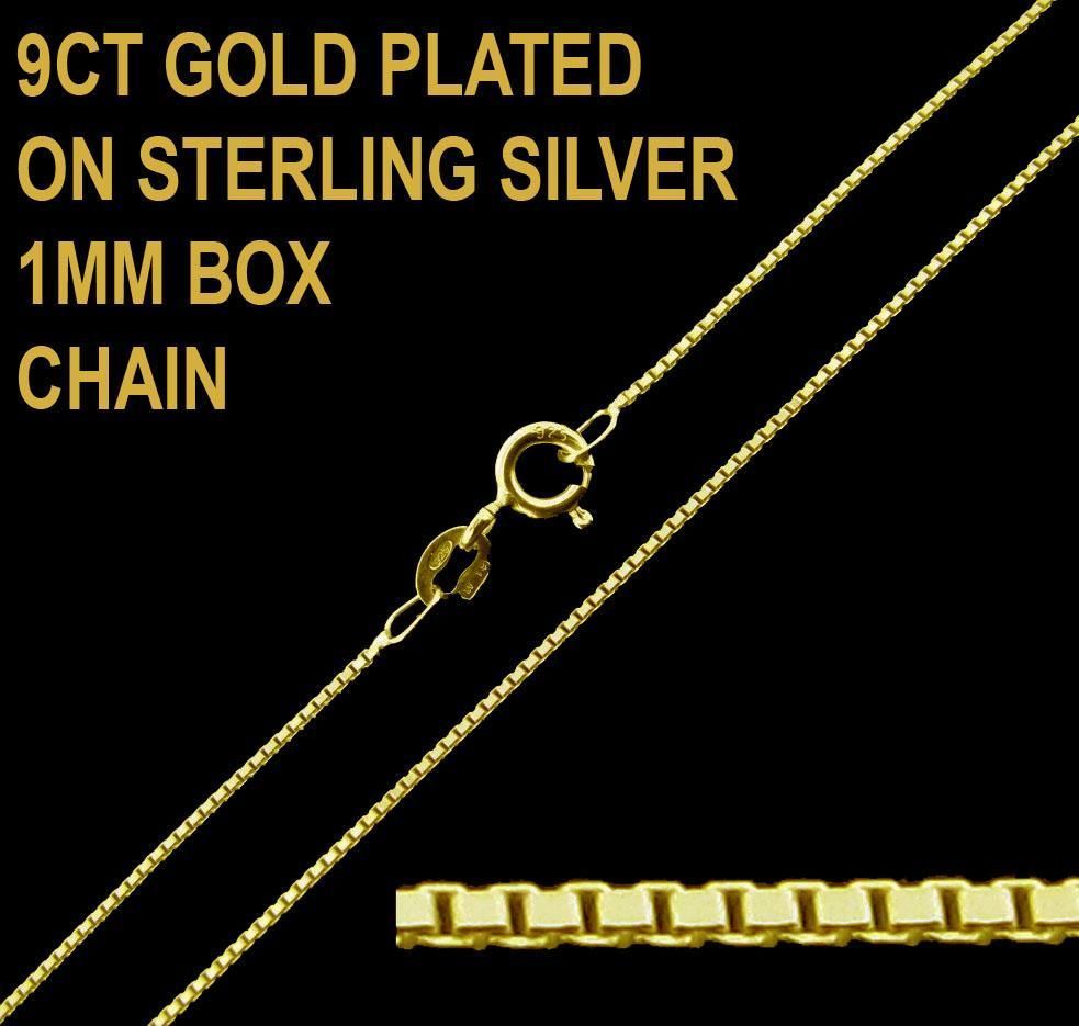 9ct GOLD PLATED 925 STERLING SILVER 16 18 20 22 24 26 28 30 BOX CHAIN 