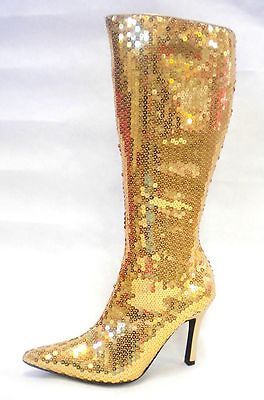 Gold Sequin Disco GoGo Studio 54 80s Rock Costume Knee Boots Shoes 