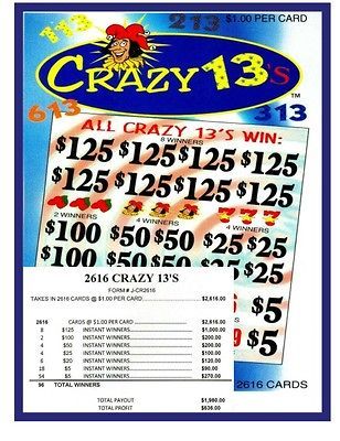 2616ct $1.00 5W Crazy 13s [8 $125]Bingo Fundraiser Tip Board Ticket 