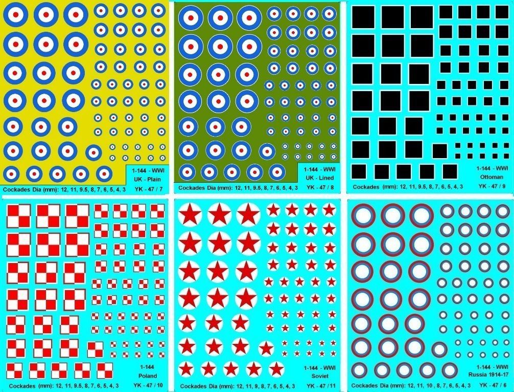 144 Decals WWI Roundels WoG Cockades British Turkish Polish Russian 