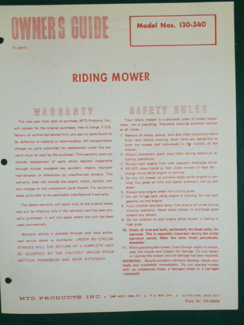 vintage mtd riding mower owners manual parts list 130 340