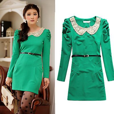 Lovely sequins doll collar green Slim Fit long sleeves dress size2XL 