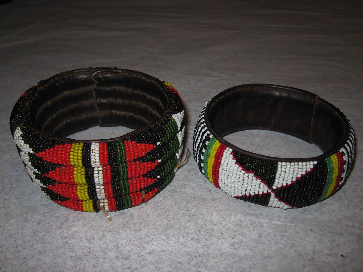 Old Large African Tribal Seed Beaded Bracelets Vintage Bangles Leather 