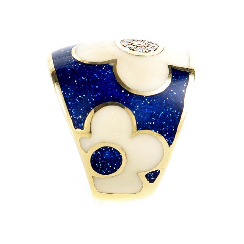 Alessandro Fanfani 18K Yellow Gold Blue Lacquer Diamond Flower Ring 