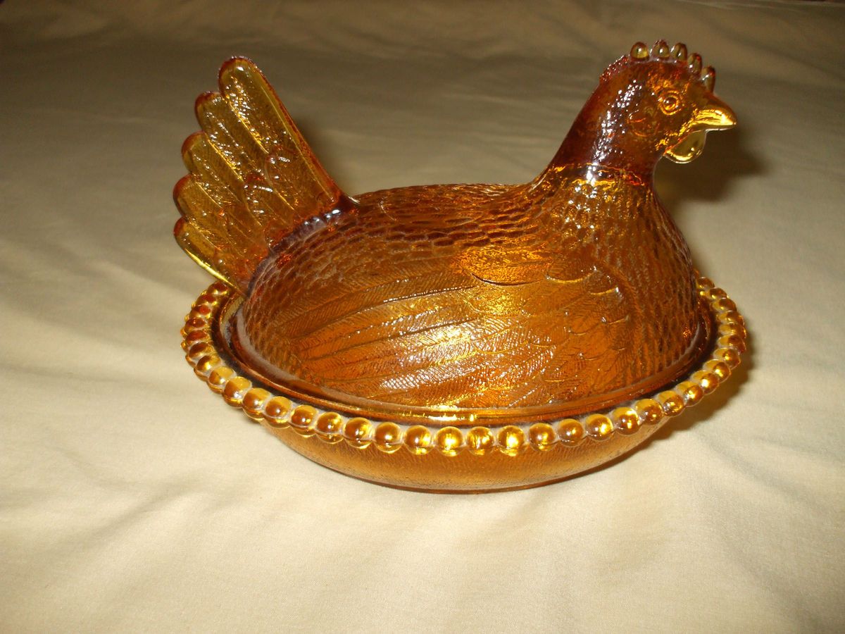 AMBER GOLD IRRIDESCENT DEPRESSION GLASS NESTING HEN LID & DISH CHICKEN 