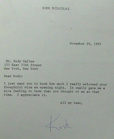 Kirk Douglas Signed Letter Autograph to Rudy Vallee