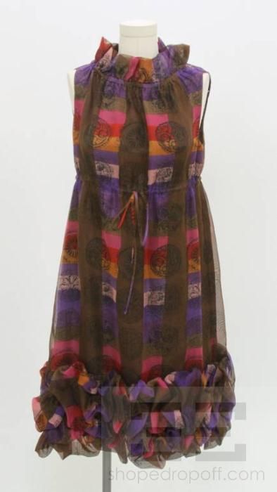 Anna Sui Multicolor Plaid Print Silk Ruched Hem Dress Size S