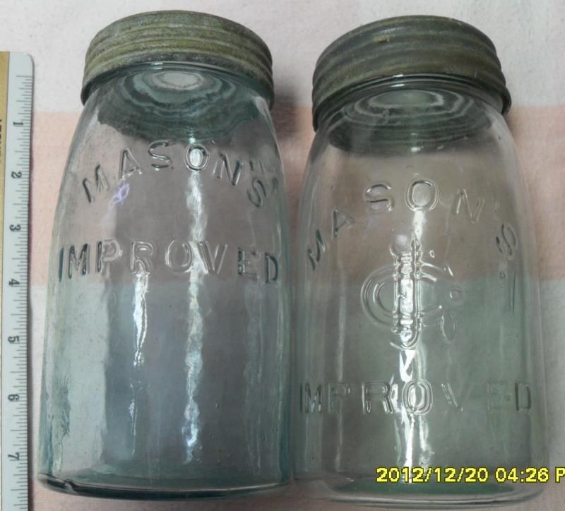 Pair Aqua Fruit Jar Masons Improved CFJ Co Improved Perfect with Bands 