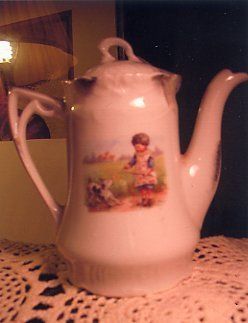 ANTIQUE CHILDS CHINA SCENIC CHOCOLATE POT   GIRL & DOG   NO MARK