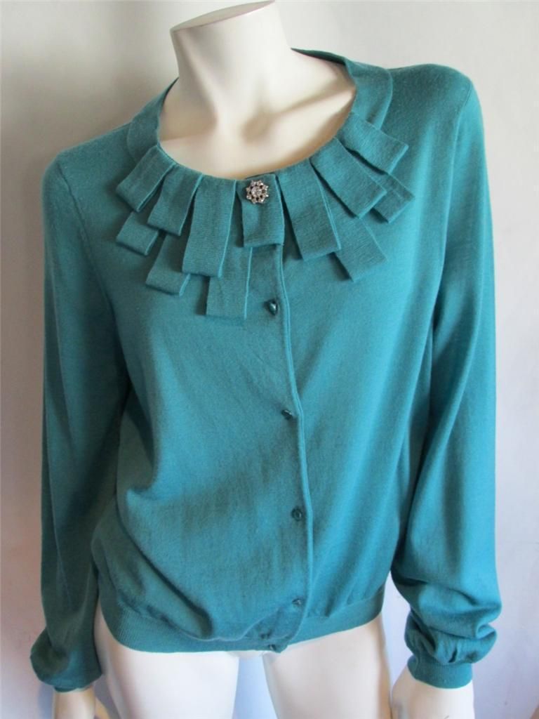 Ann Taylor Teal Blue Cardigan Sweater With Detailed Neckline Gorgeous 