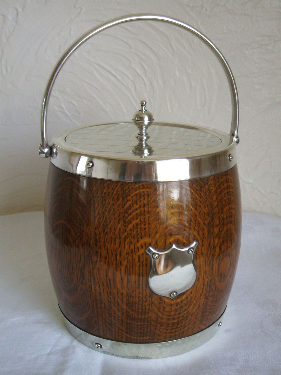 ANTIQUE EDWARDIAN OAK SILVER PLATE BISCUIT BARREL COOKIE JAR