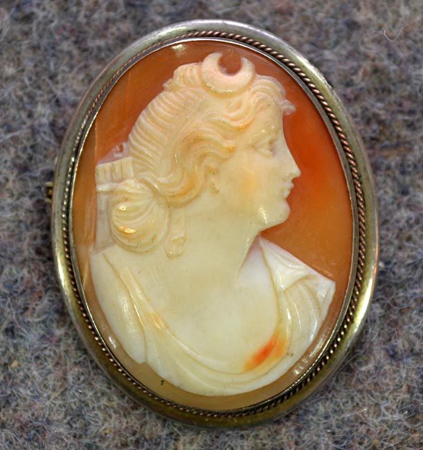 antique shell carved cameo brooch pin necklace lady head silver