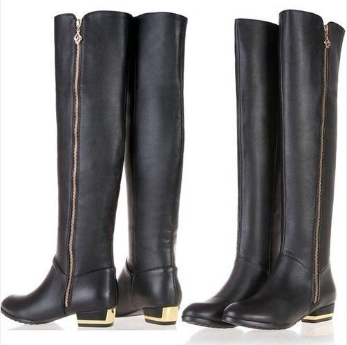 Women Black Geniune Leather Zipper Over The Knee High Riding Boots 