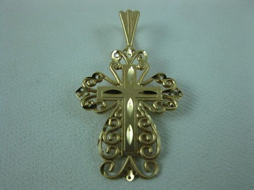   14k Yellow Gold Scroll Design Cross Pendant by Michael Anthony