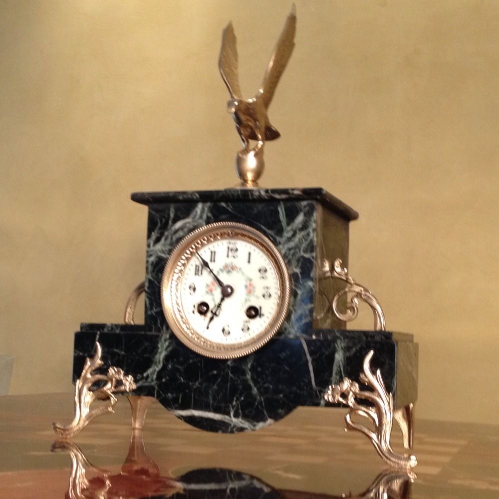 Antique French Japy Bronze Green Marble Clock C1860s