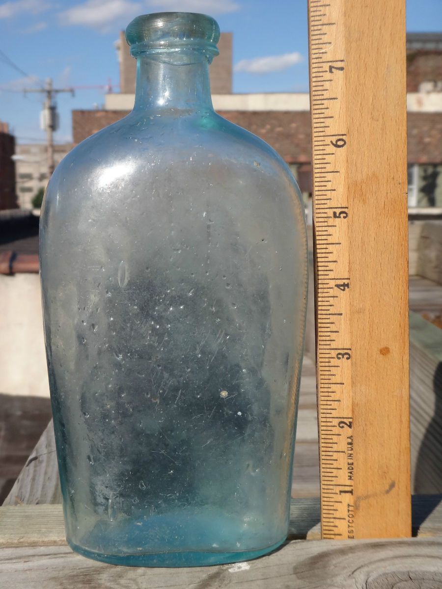 BEAUTIFUL ANTIQUE AQUA COLORED SEAM SIDED WHISKEY FLASK BOTTLE