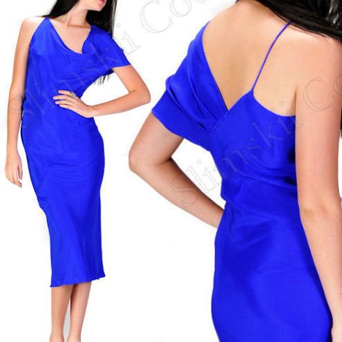 New Aryn K Asymmetric Royal Blue Cutout Drape Pencil Silk Couture 