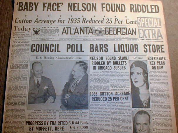  display newspaper Gangster BABY FACE NELSON SHOT DEAD by FBI Agent