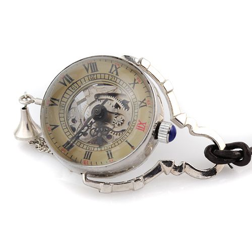 Nice Crystal Ball Mechanical Pocket Watch Skeleton Silver Bell 