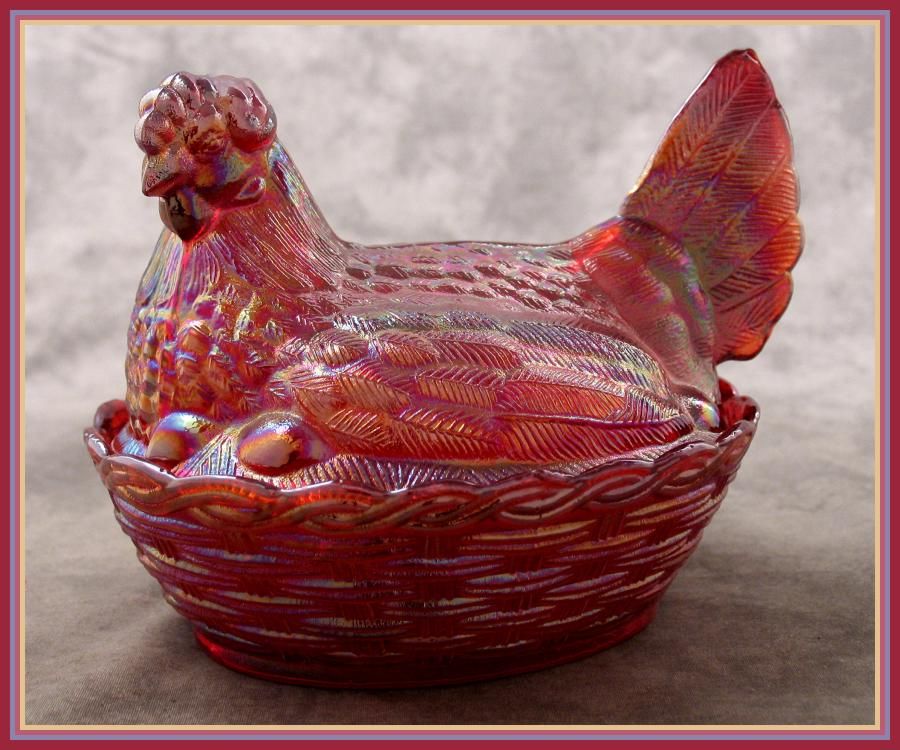 Iridescent Red Carnival Glass LRG Hen on Nest Salt Dish