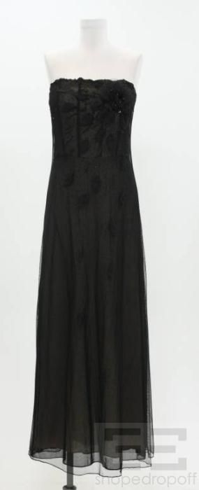 Badgley Mischka Nude Black Beaded Tulle Evening Dress