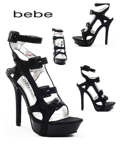 BEBE Battista Black White Black Buckle Up Ankle Wrap Gladiator New 