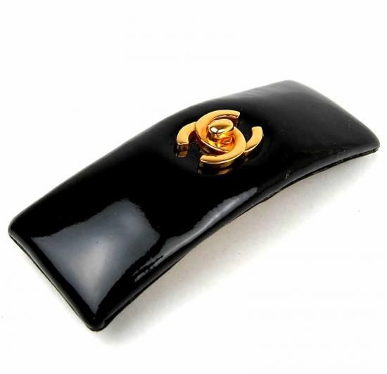 Authentic Chanel CC Mark Barrette Hair Clip Black Enamel Leather Made 