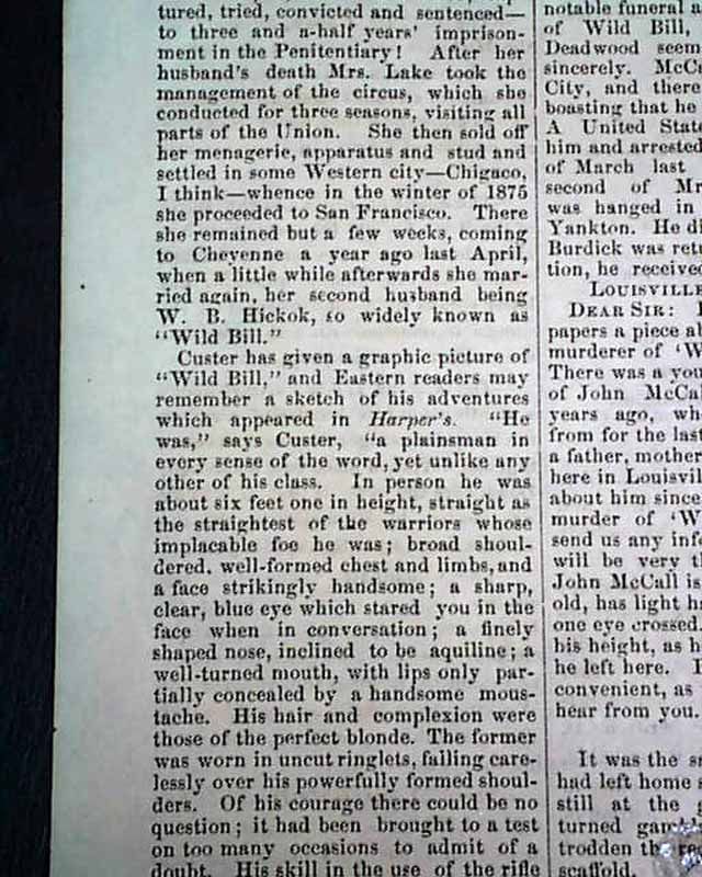   HICKOK Wife Made Widow Again GEN. CUSTER 1877 Bellefonte PA Newspaper