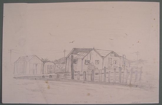 Biddeford Pool, Maine, bait houses, 1952 drawing & card