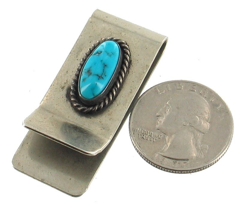 VINTAGE SILVER PLATE OVAL BIG TURQUOISE MONEY CLIP WALLET HELPER