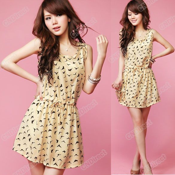 Fashion Womens Bird Pattern Crew Neck Casual Chiffon Sundress Mini 