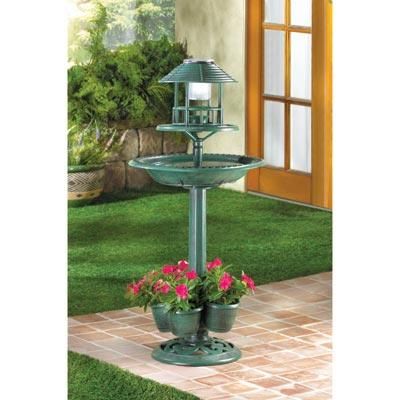 Verdigris Garden Birdbath Centerpiece With Solar Night Light & Planter 