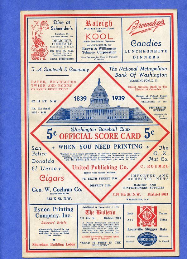   Program New York Yankees at Washington Joe Di Maggio Bill Dickey Gomez