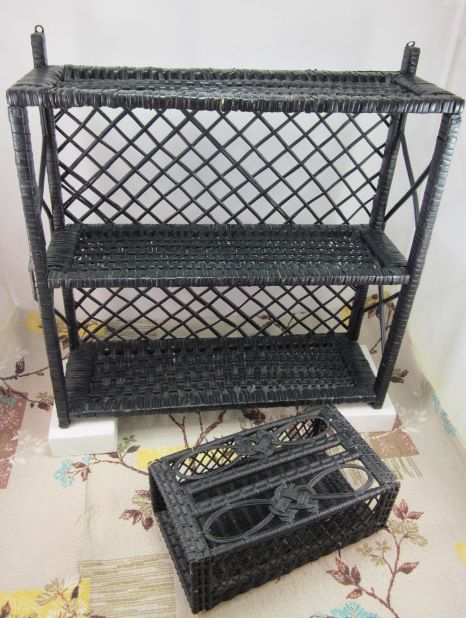 Vintage 1950s Cottage Black Wicker Bathroom Shelf Set w Tissue Cover 