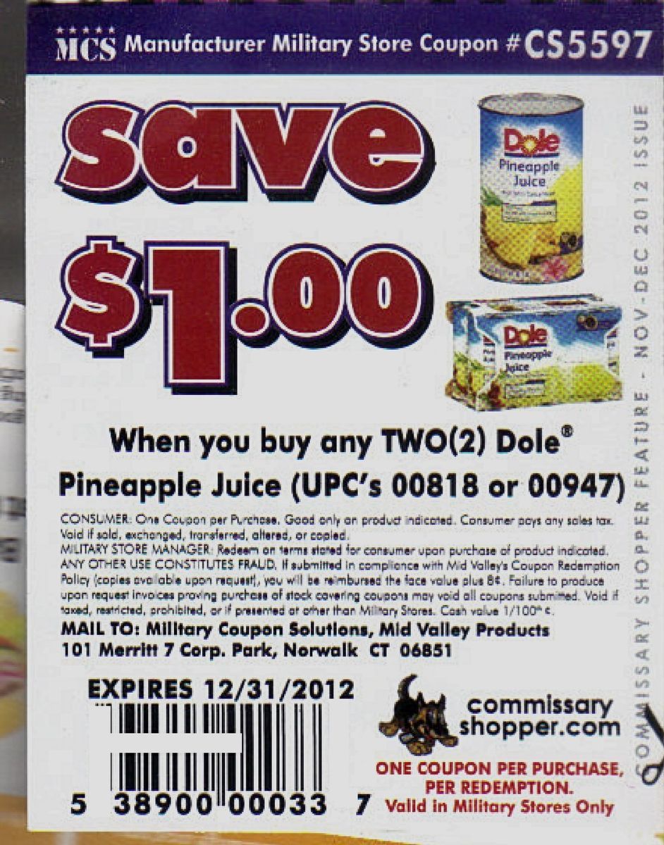 20 MILITARY coupon $1/2 DOLE Pineapple JUICE 12 31 can cans