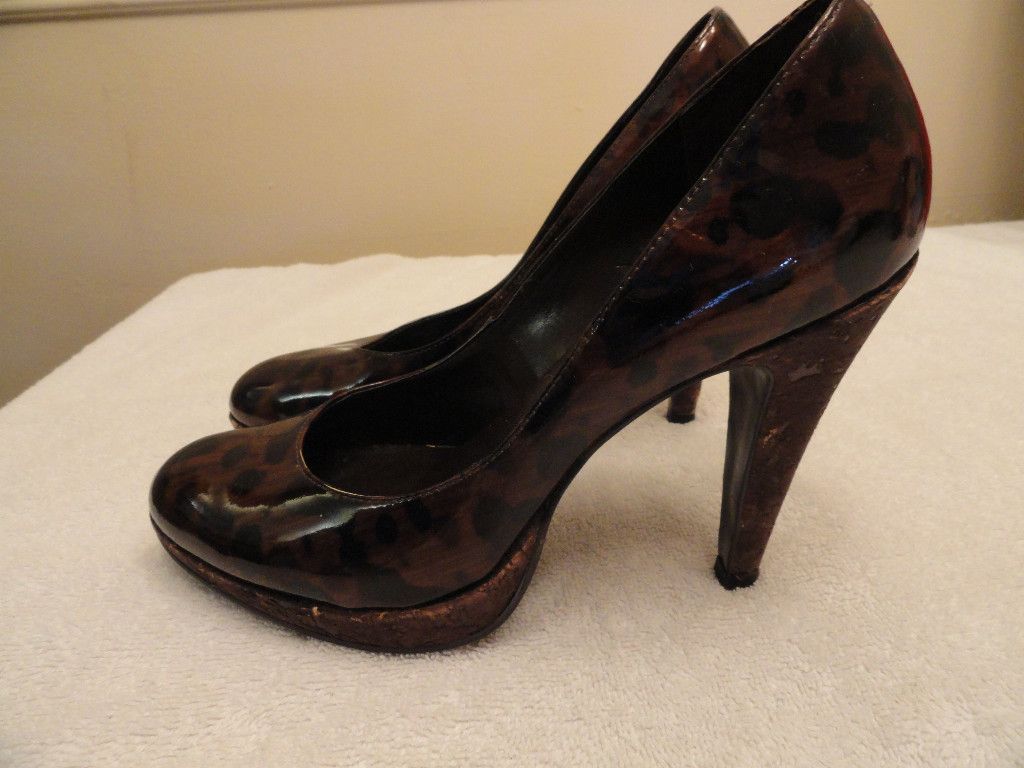 NINE WEST WOMENS LEOPARD PATENT LEATHER BROWN BLACK PUMPS HEELS SHOES 