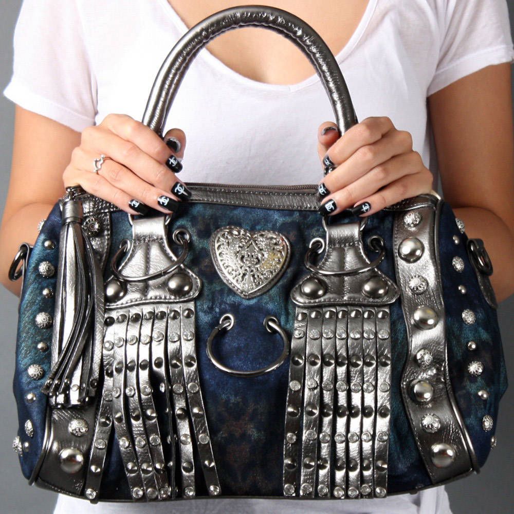 Blue Heart Rhinestone Studded Tassel Satchel Crossbody Shoulder Bag 