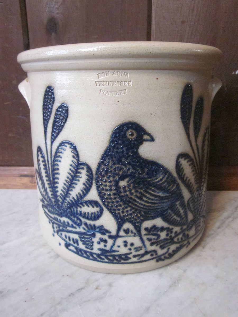 Vintage Cobalt BLUE BIRD Crock BON AQUA TENNESSEE TN Pottery Stoneware 