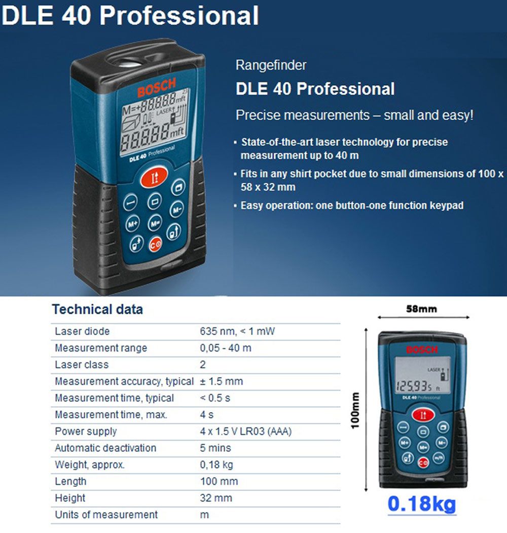 BOSCH DLE40 Professional Rangefinder Precise Measurements * Free 