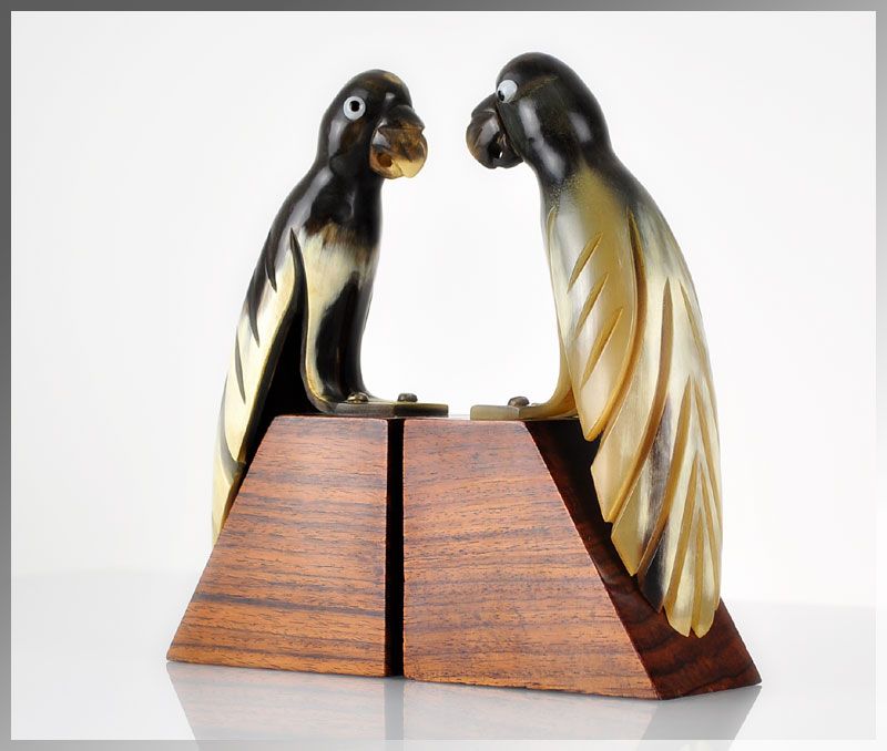   1950s Eames Era French Parrot Sculpture Bookends Horn Mahogany