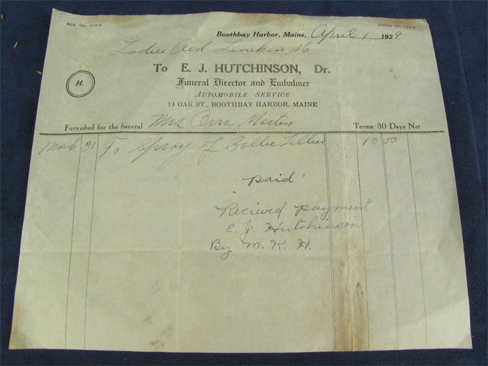 1929 Funeral Receipt E J Hutchinson Boothbay Harbor Me