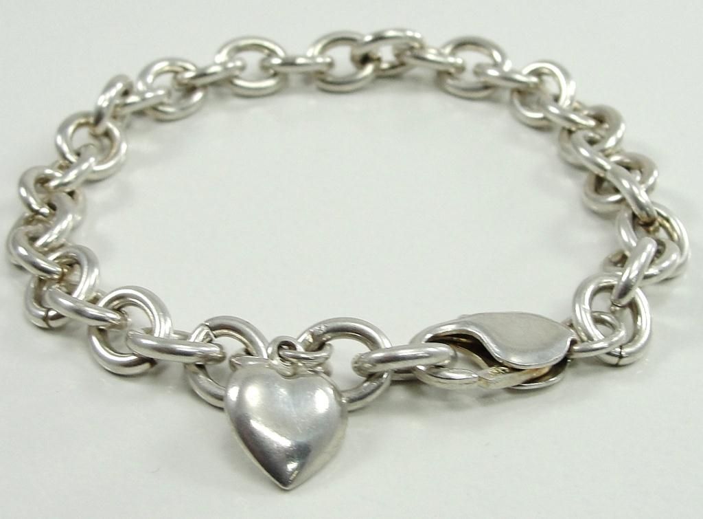 925 Sterling Silver Rolo Chain Bracelet Heart Charm Oval Link 8 