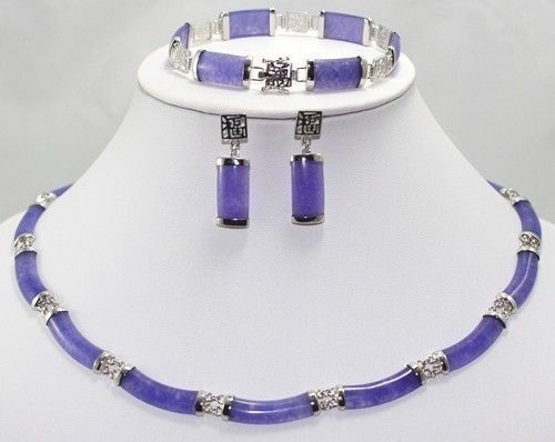 Beautiful Set Jewelry Rael Purple Jade Earring Bracelet Necklace 