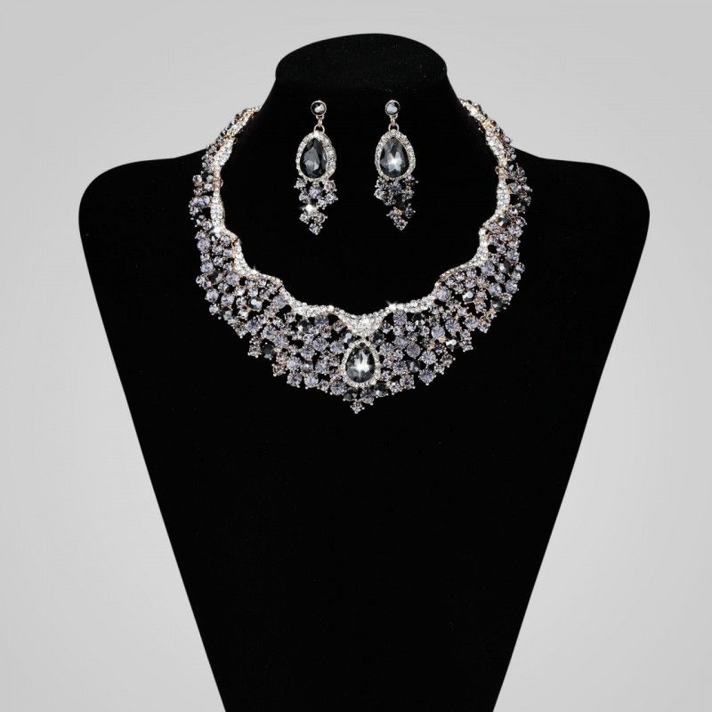   Rhinestone Crystal Bridal Wedding Choker Necklace Jewelry Set Grey