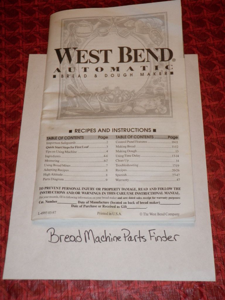 West Bend Breadmaker Owners Manual Recipes 41073