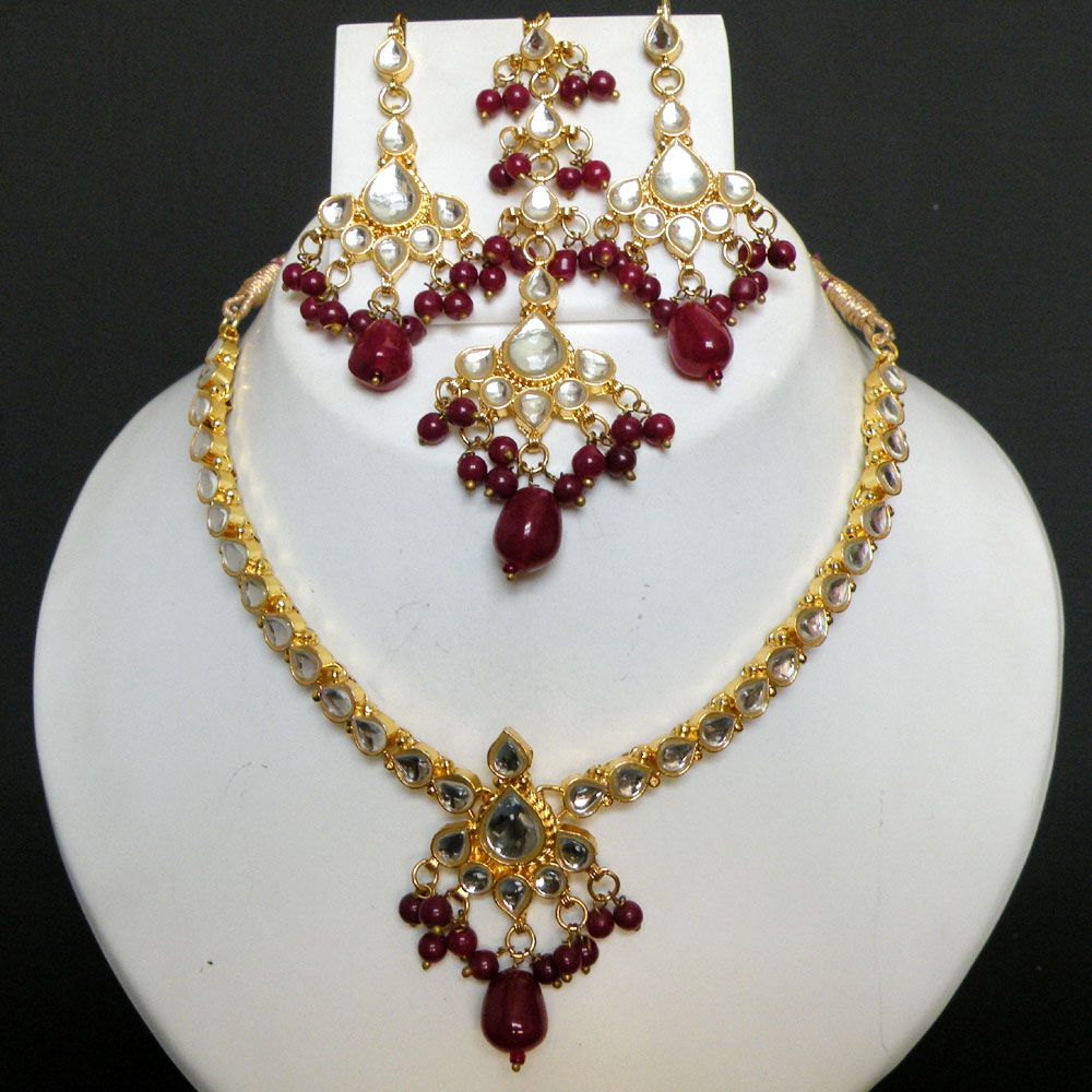   Indian Gold Plated Kundan Ruby Beads Bridal Necklace Set KN496