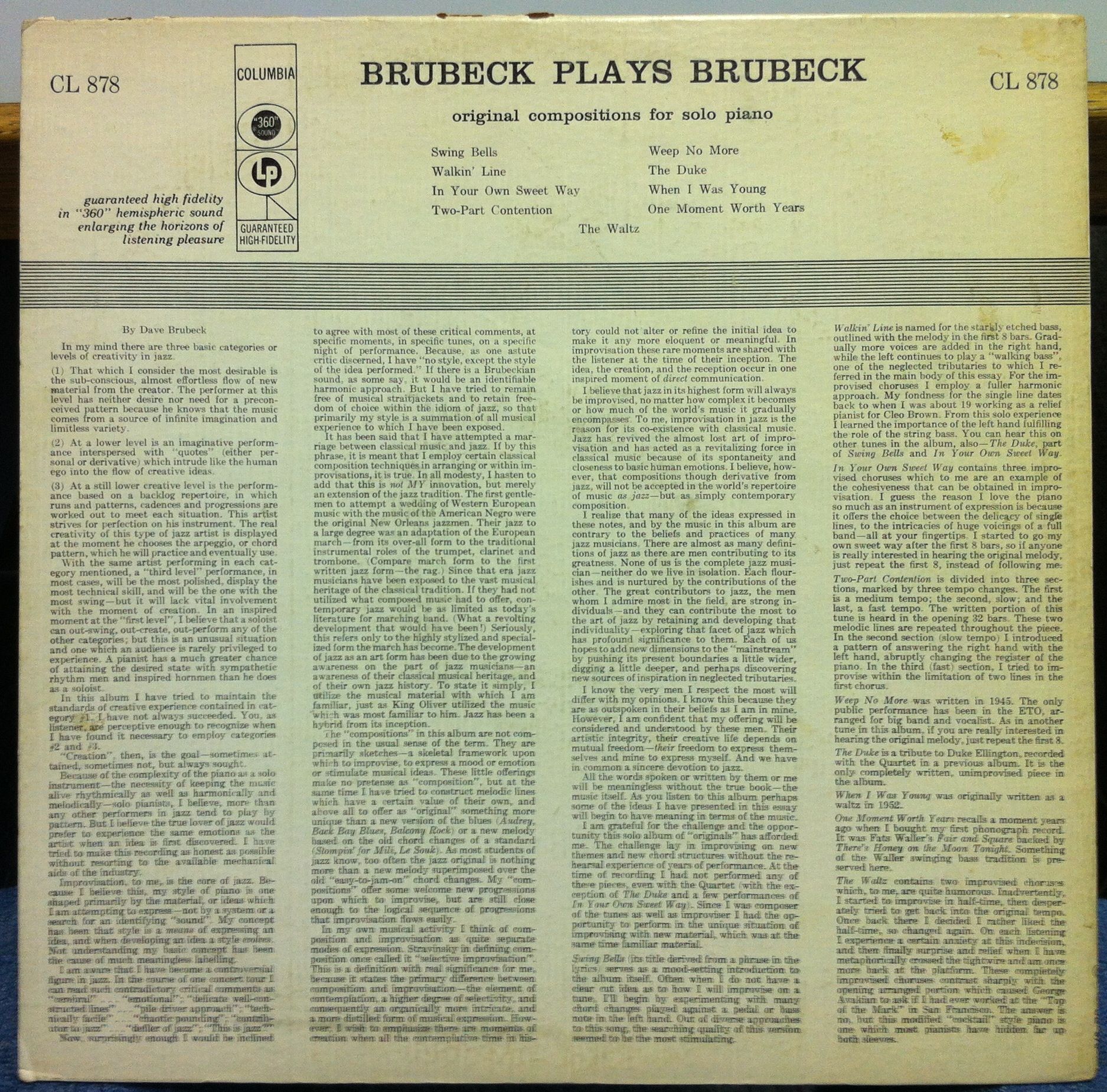 DAVE BRUBECK plays brubeck solo piano LP VG+ CL 878 Mono 1A/1A US 1956 