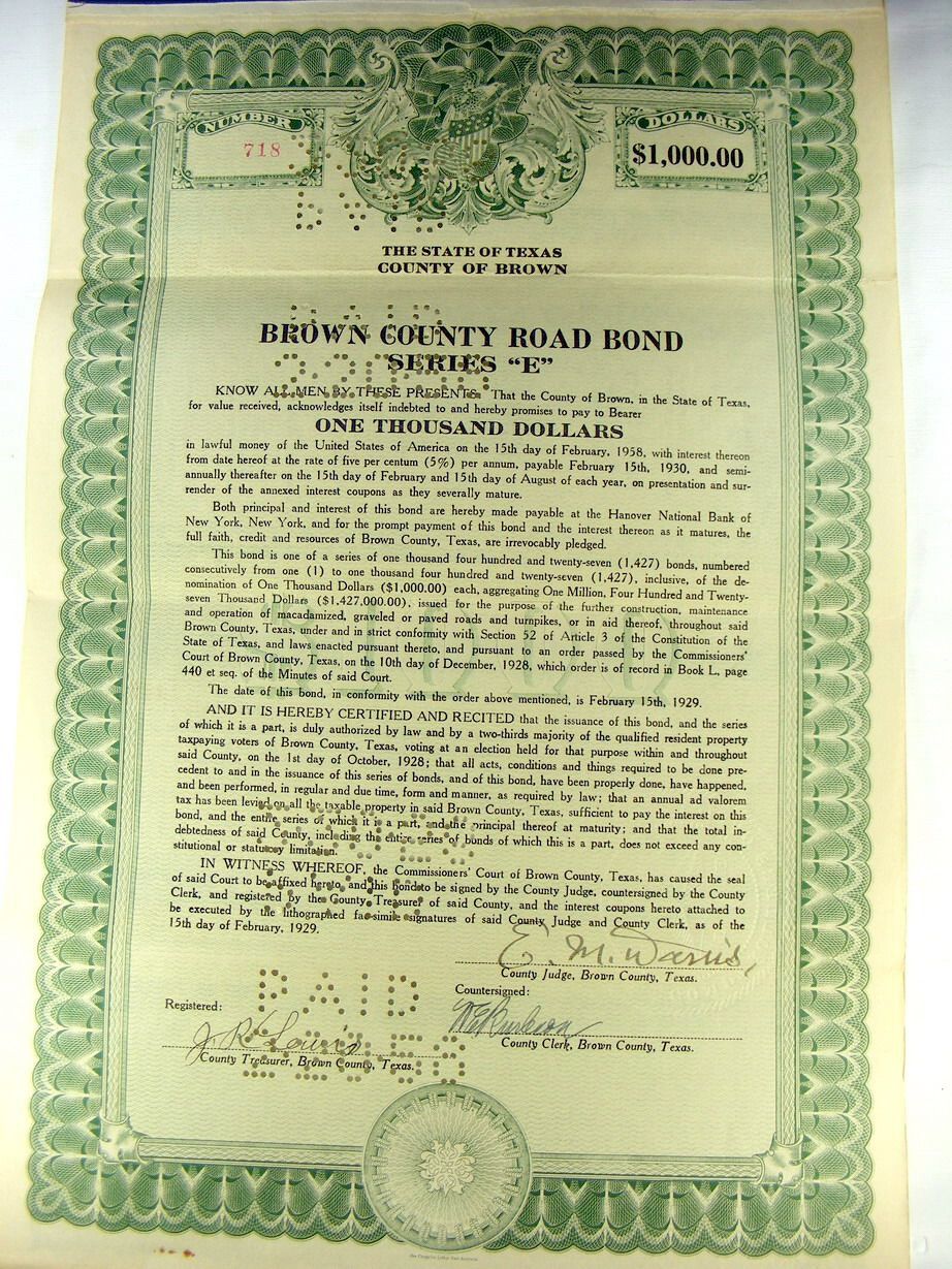1929 Brownwood, Texas $1,000 Road Bond   80 years old   Rare item
