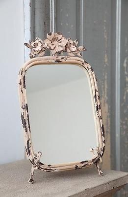   Shabby Cottage Chic Mirror with Metal Flowers Chippy Antique White