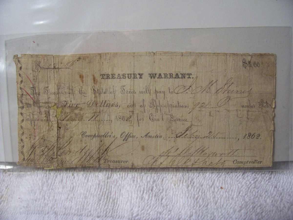 Authentic Confederate State of Texas Treasury Warrant $5 Note 1862 